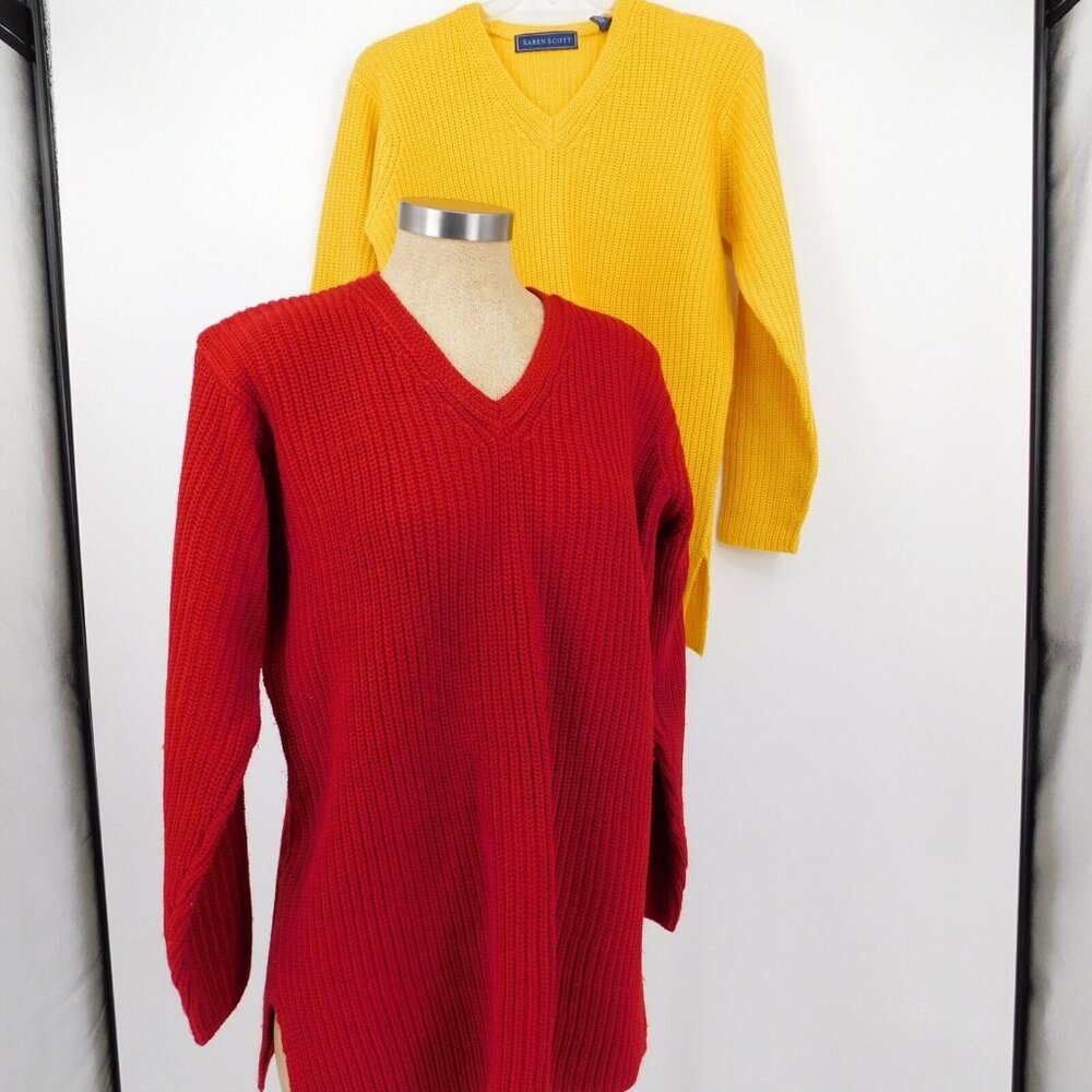 Lot Of 2 Karen Scott Yellow Red V-Neck Pullover Knitted Sweater Size M Acrylic